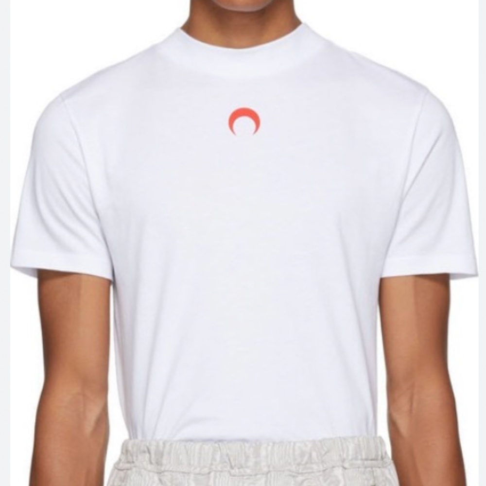 Marine Serre "Radiation" White Mock Neck Tshirt with Signature Red Crescent